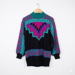 VTG 80s Ossi Skiwear Geometric Sweater Pink Teal Purple Southwestern Wool Blend